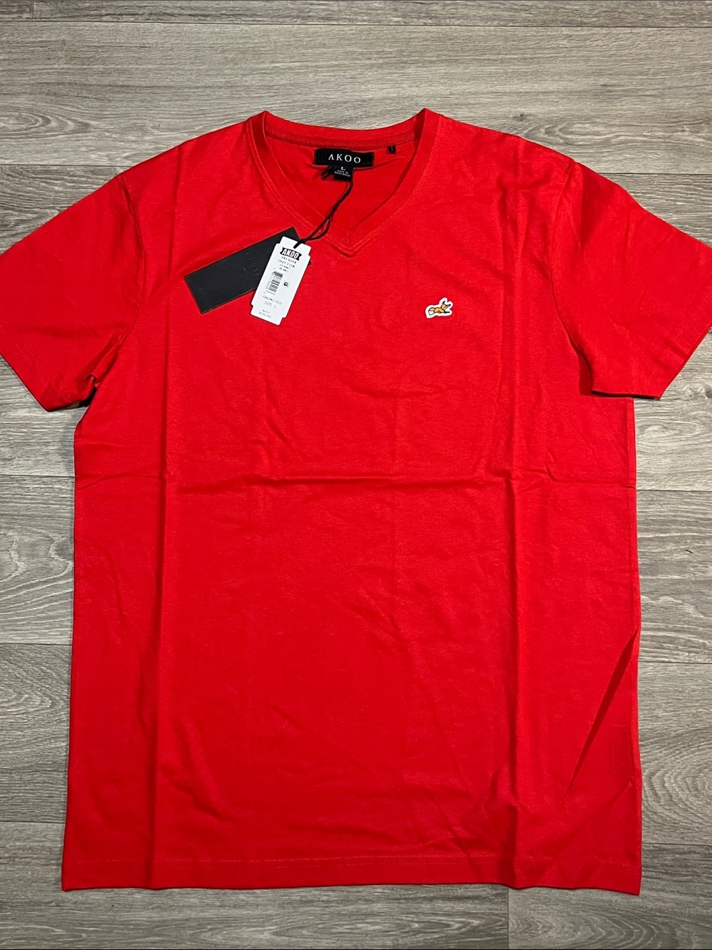 Akoo Men's Red V-Neck Short Sleeve Tee with Logo Patch